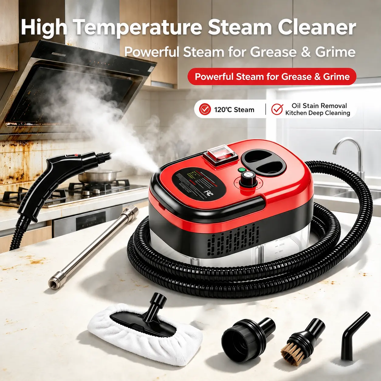 2500W Portable High Pressure Steam Cleaner, 3-Gear Temperature Control Handheld Steamer, Multi-Purpose High Temp Deep Cleaning Machine for Kitchen Grease, Tile, Sofa, Car, Chemical-Free Cleaner with Full Accessories