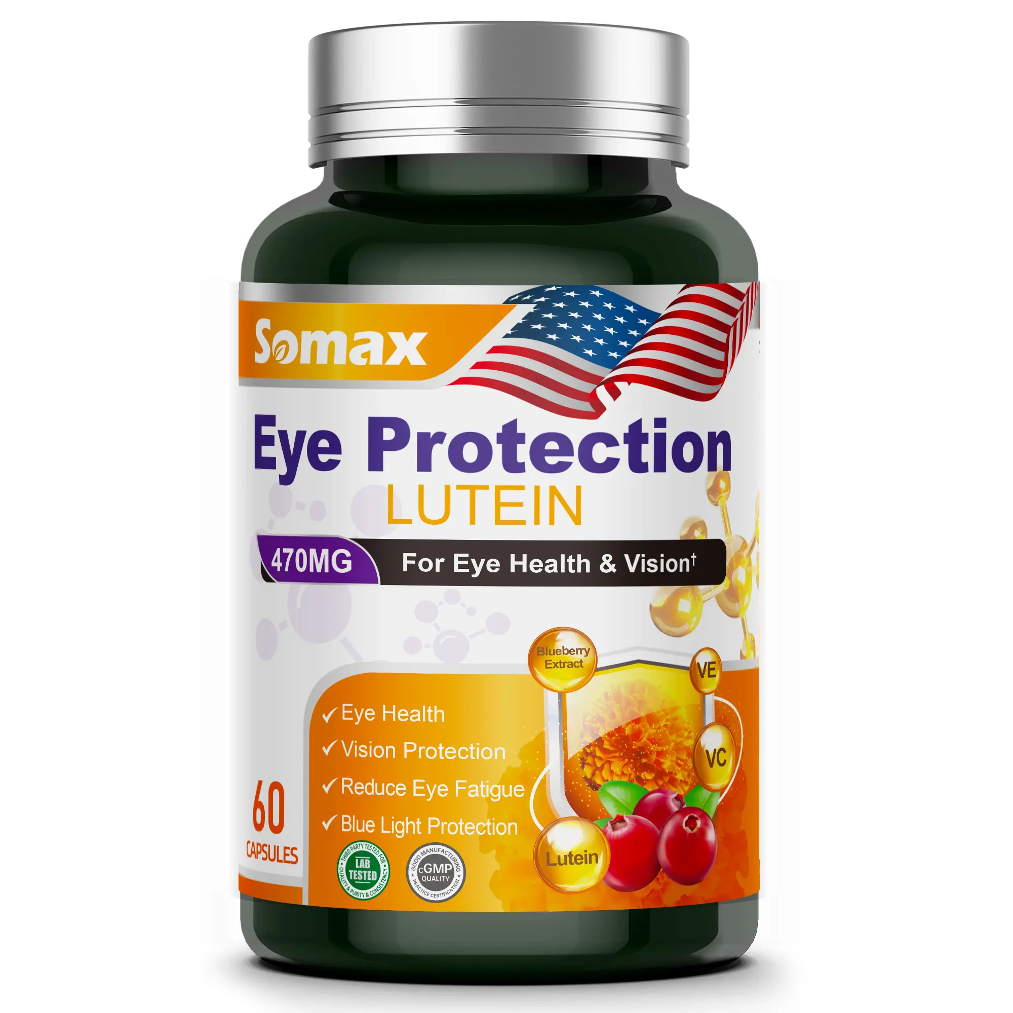 SOMAX Advanced Eye Support Formula – Lutein 470 mg, Bilberry, Astaxanthin & DHA – 60 Veggie Capsules, Non-GMO, Gluten Free