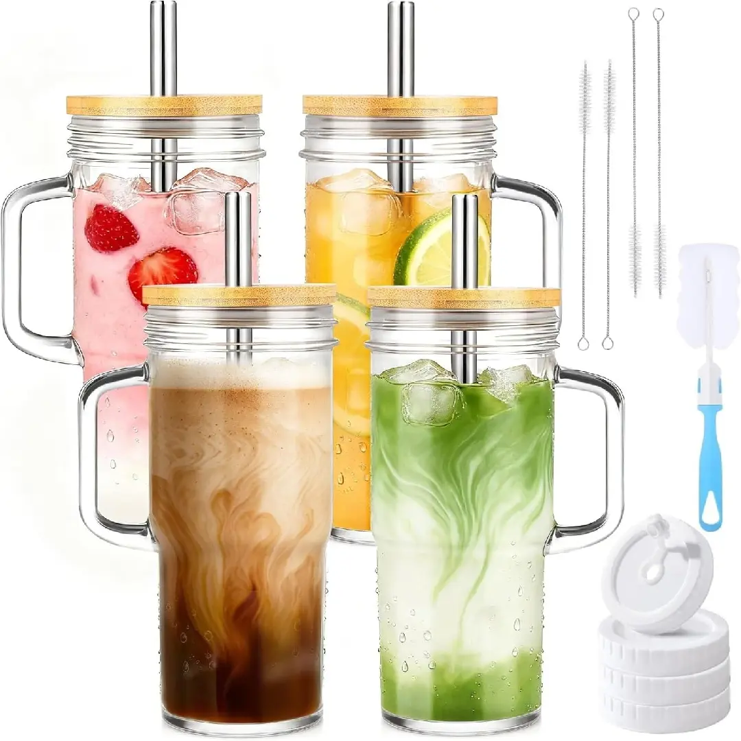 4-Pack 24oz Stylish Reusable Glass Tumblers - Bamboo Lids, Stainless Steel Straws, Handles - Large Ice Cold Tumbler Drinkware Set for Iced Coffee, Boba, Glass Tumbler Glasses