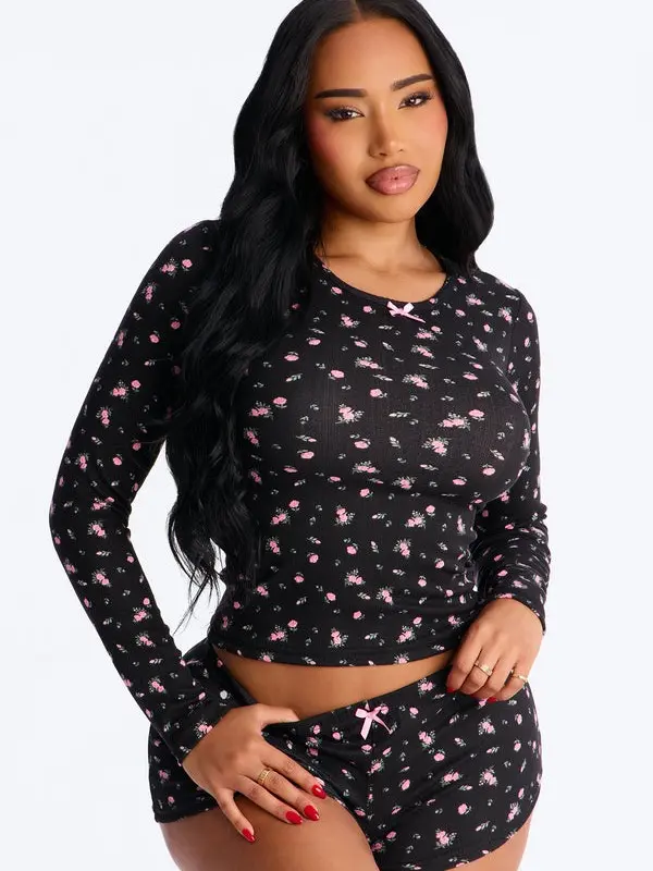 Women Dreamy Flowers Pointelle Long Sleeve PJ Short Set - Black/Pink