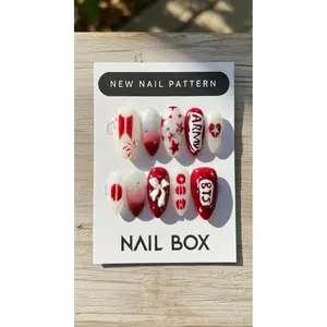 Press On Nails Red White Kpop Nail Set Handmade Gel Nails Glitter Star Nails Cute Korean Nail Art Reusable Nails