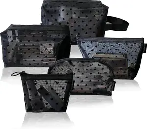 5 Pieces Heart Printed Mesh Makeup Bag Set – Portable Travel Mesh Cosmetic Bags, Toiletry Bags, Makeup Purse Bags with Zipper Storage Pouches for Home, Office, Travel Accessories (Black) – Includes 5 Assorted Sizes for Cosmetics, Toiletries, Jewelry