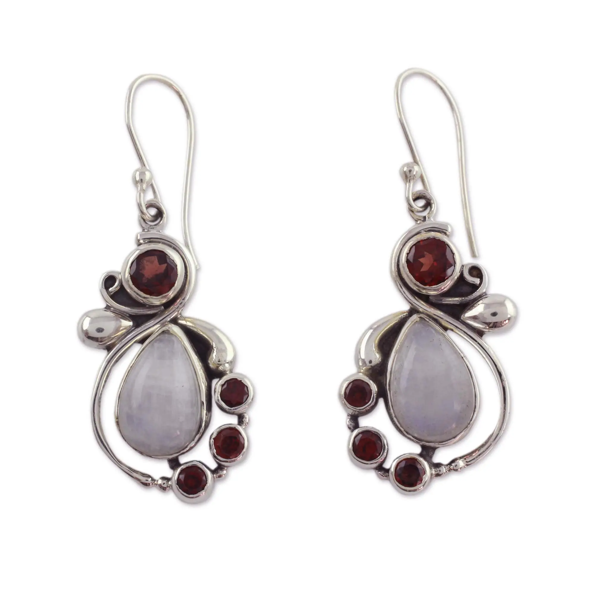 Novica Artisan Handmade Garnet And Rainbow Moonstone Dangle Earrings | 925 Sterling Silver | Clear Red India Birthstone | 1.7" L X 0.4" W | 'Exquisite'