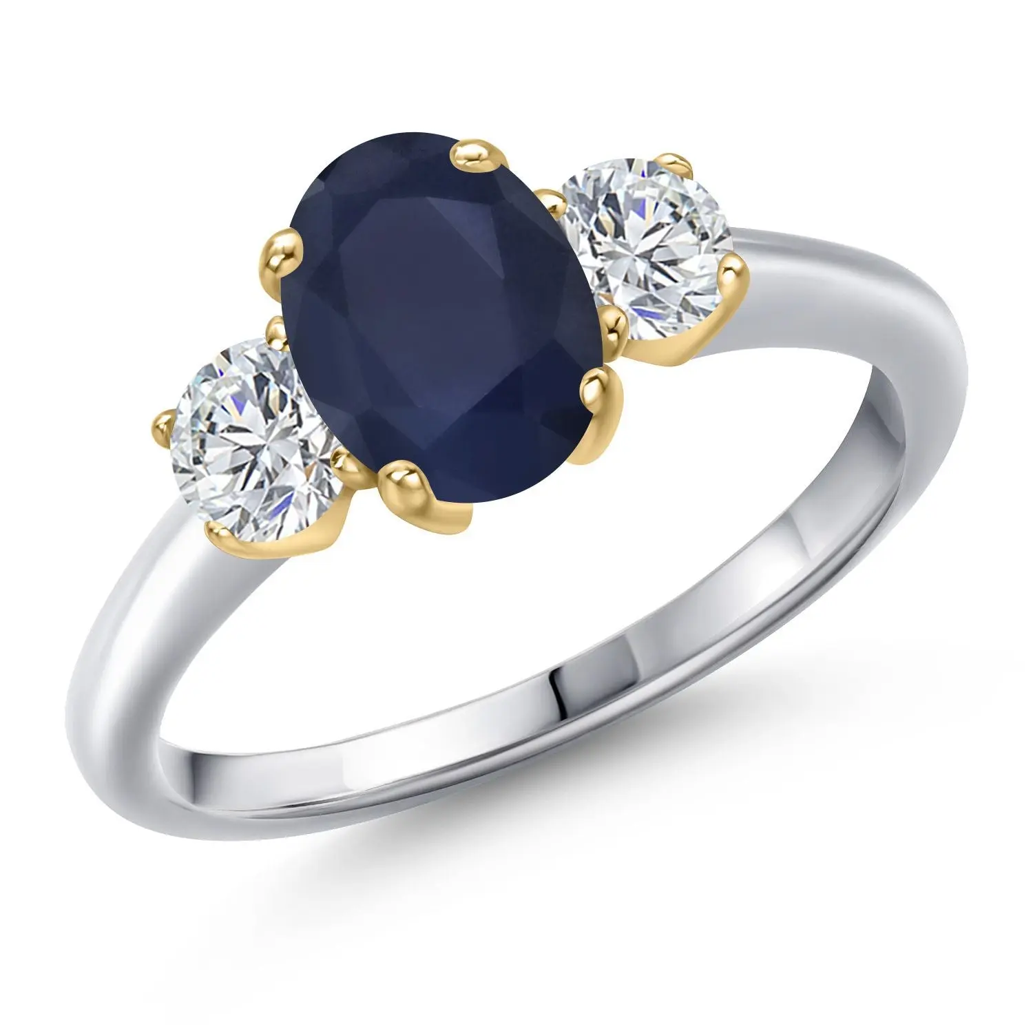 Gem Stone King 925 Silver and 10K Yellow Gold Blue Sapphire and Lab Grown Diamond 3-Stone Engagement Ring For Women | 2.34 Cttw | Oval 8X6MM | Gemstone Birthstone