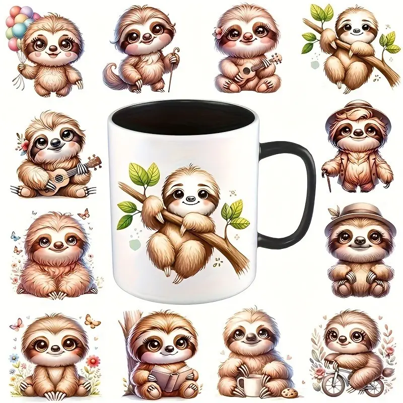 12pcs Sloth Theme UV Transfer Stickers--- Suitable for DIY Crafts, Mugs, Laptops, and Water Bottles, Self-Adhesive Plastic Decals, DIY Decorative Stickers