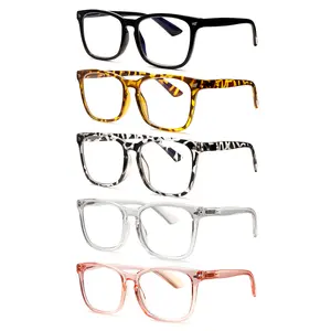Unisex 5 Pack Blue Light Blocking Reading Glasses UV400 Spring Hinge Large Frame Clear Fashion Print for Women and Men Lightweight Comfort Mix Color