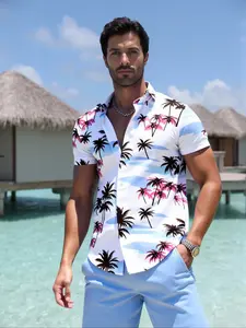 Men's Fashion Trendy 3D Print Hawaiian Tropical Casual Summer Short Sleeve Top Set, Fitted Shorts & Suit Jacket, Plain Pattern, No Ca Prop 65