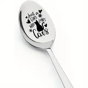 Cat & Letter Pattern Stainless Steel Spoon, 1/10/15/18pcs Coffee Dessert Spoon, Kitchen Utensils for Home Use, Gift for Cat Lover, Spoon Set