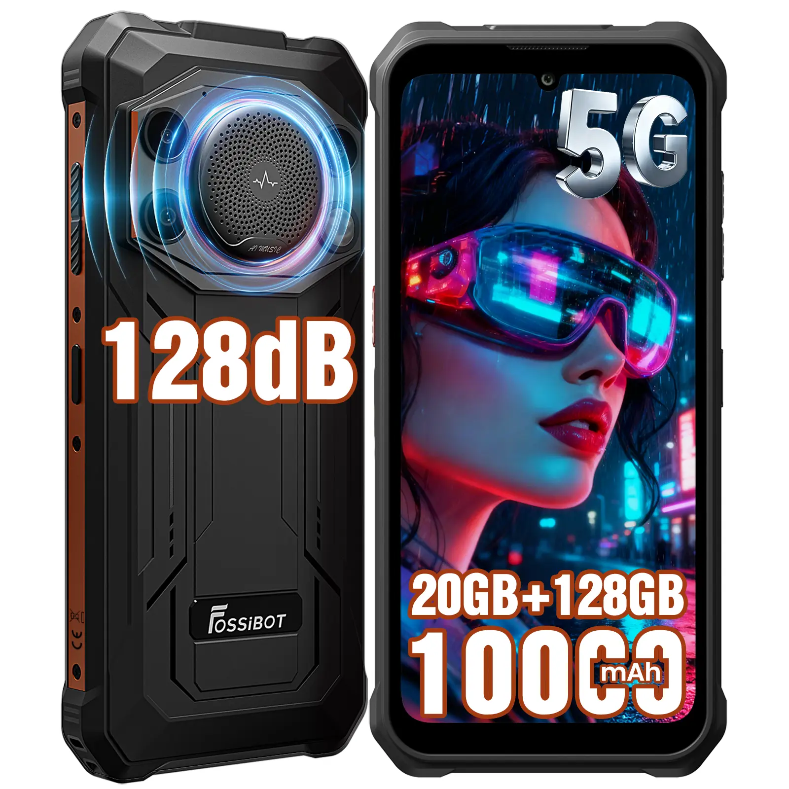 FOSSIBOT F110 Pro Rugged Smartphone Unlocked 5G Android 15, 128dB Loudest Speaker 20GB+128GB /2TB 10000mAH, 6.7'' HD Display 50MP Rear Camera, IP68/69K Waterproof, NFC/Dual SIM/Widevine L1 (NOT compatible with AT&T,Cricket,Verizon)