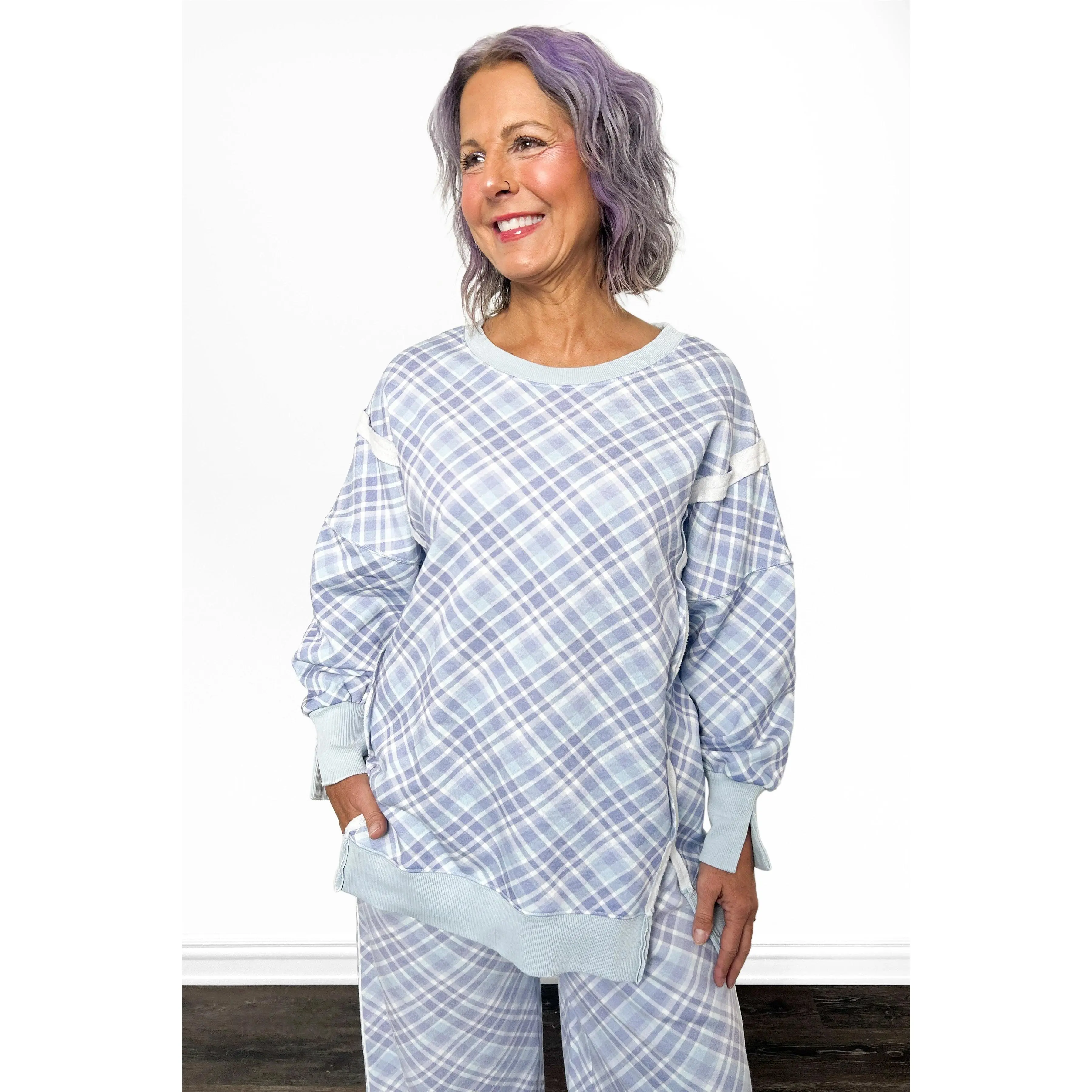ALB Women's Feminine Plaid Print Pullover, Polyester Fabric, Ribbed Details, Lady's Casual Top - FINAL SALE, Slit, Cotton, Comfortable, Soft, Sweatshirts, Tops