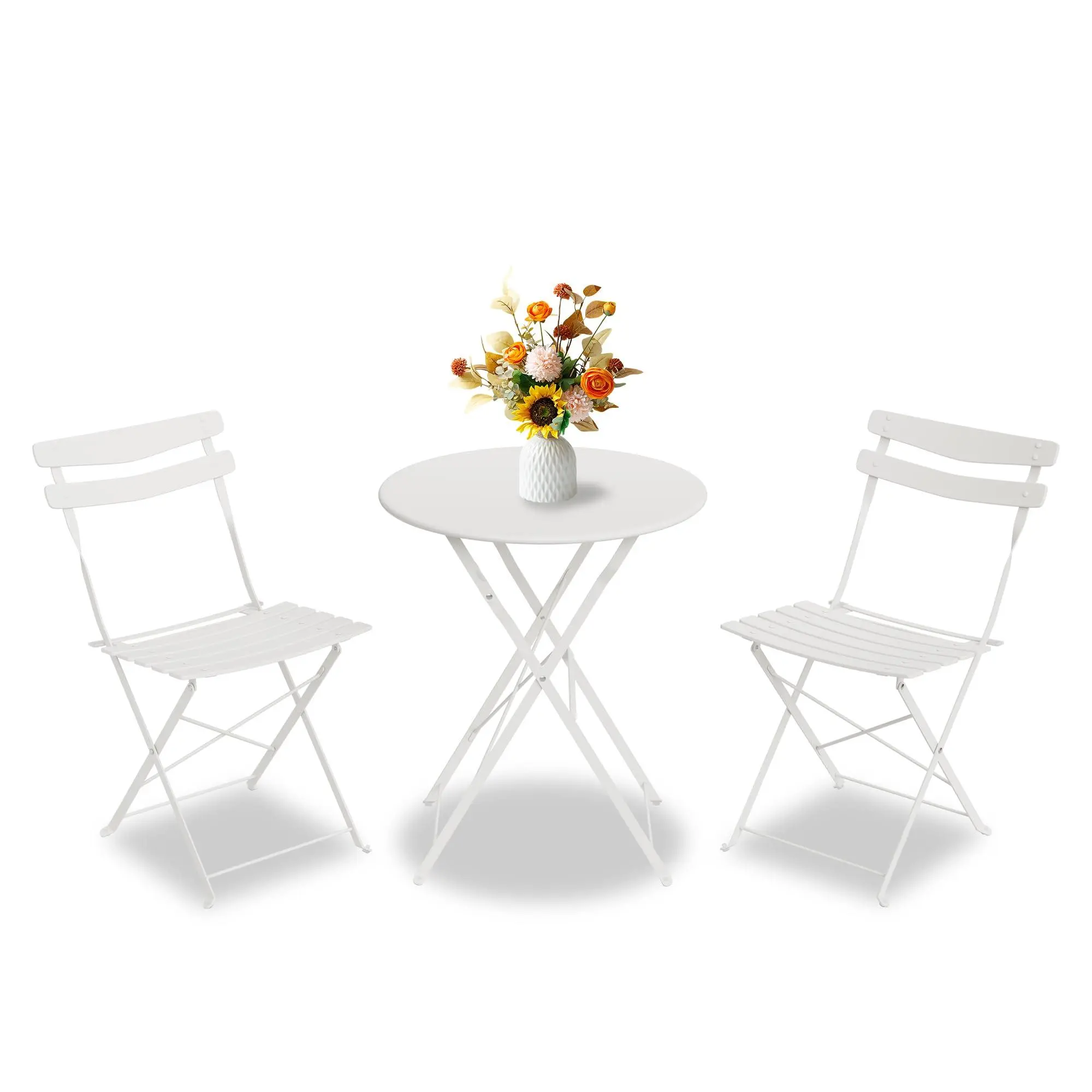 3 Piece Patio Bistro Set, Folding Patio Bistro Table and Chairs Set of 2, Outdoor Patio Furniture Set, Metal Structure, No Assembly Need, for Balcony Yard Garden, White