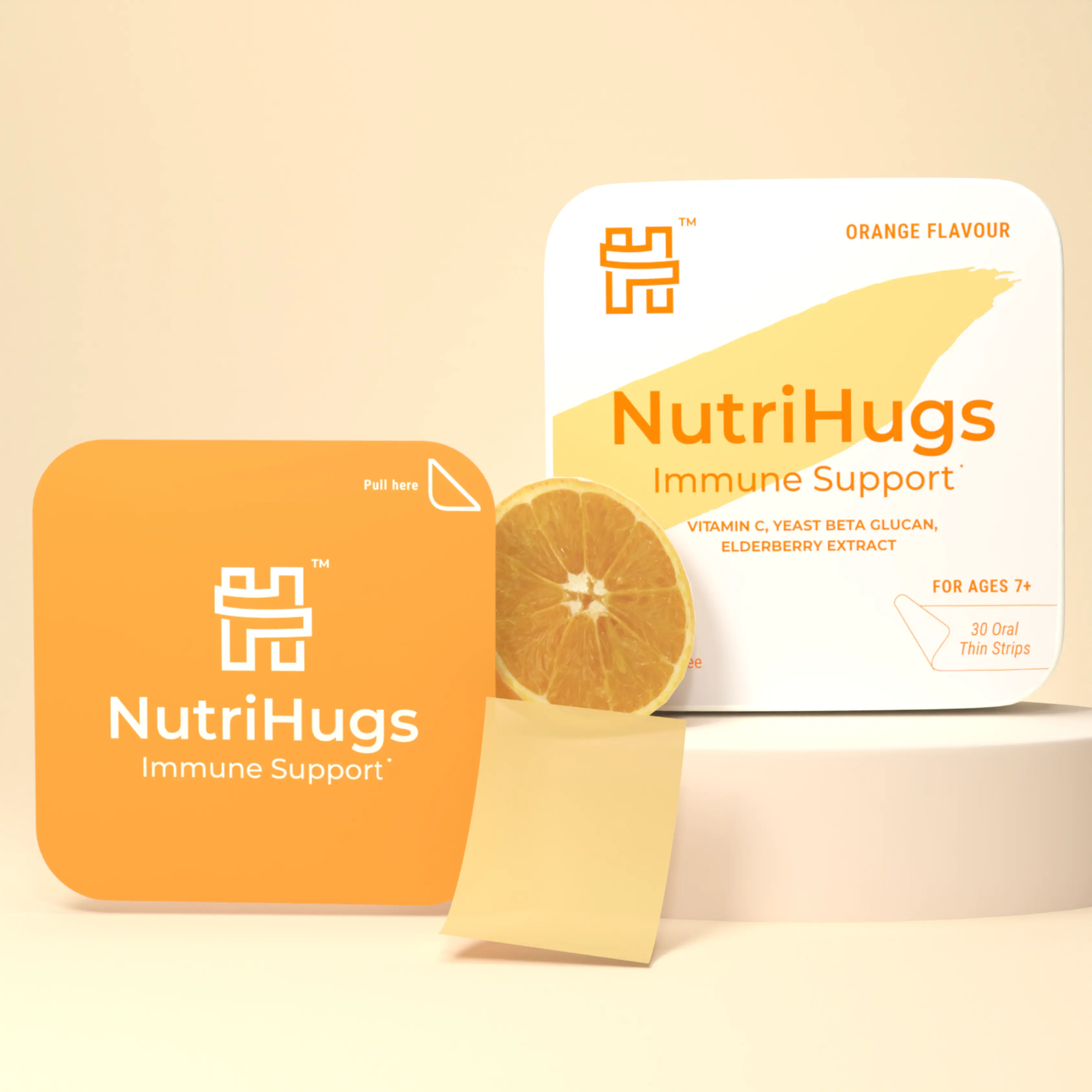 NutriHugs by MedHugs Portable Edible Vitamin C+ Oral Melt Strips - 30 Natural Orange-Flavored, Vegan, GMO-Free, Sugar-Lactose-Free Immune Boost Dietary Supplement with Yeast Beta Glucan (Multi-Pack)