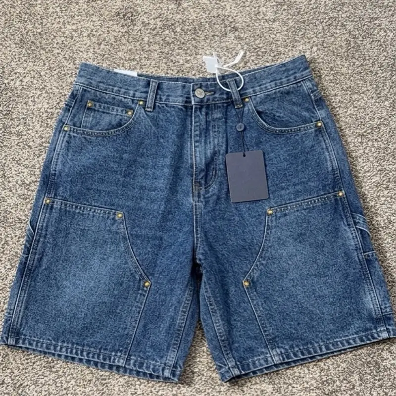 Men's Monogram Denim Carpenter Shorts, Baggy Embossed Hip Hop Streetwear Loose-Fit Jorts
