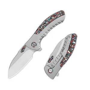 QSP KNIFE Capybara Pocket Knife – Böhler M390 Blade, Titanium Handle with Red-White-Blue Carbon Fiber Inlay, Hollow Grind, Frame Lock, EDC Folding Knife, 4.55oz