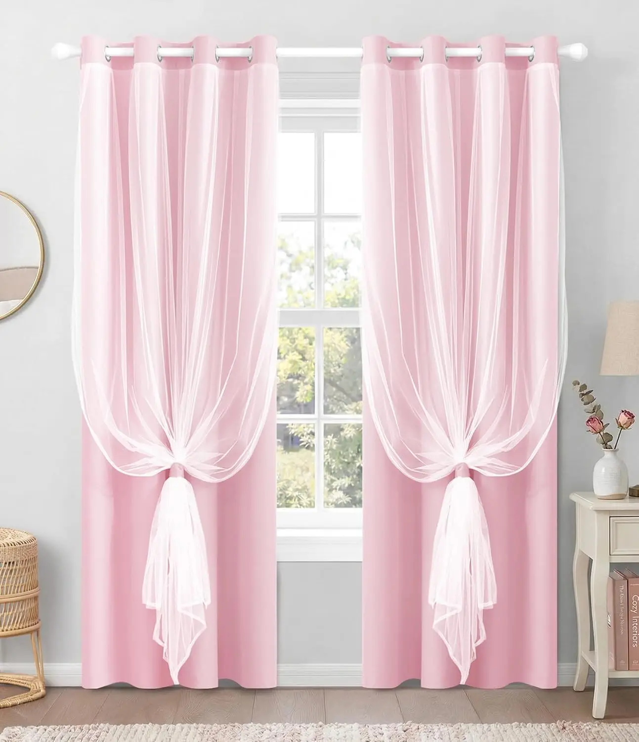 100% Blackout Curtains with Sheer Overlay, Pink, 52 x 84 inch, 2 Panels