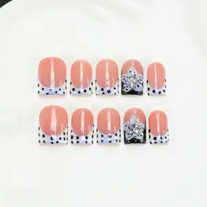 10 pieces/set handmade, hand pressed nails, Handmade acrylic nails, nude French, Y2Y style, Floral Embellished Rhinestone, with polka dots, reusable fake nails, suitable for daily wear, parties, Salon grade nail kit, including tool kit