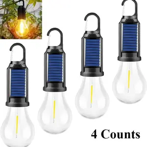 4-Pack LED Camping Lantern Solar Rechargeable Outdoor Tent Light, Essential Camping Gear, Hiking Essentials, Hanging Bulb with Clip Hook, Ideal for Hiking, Fishing