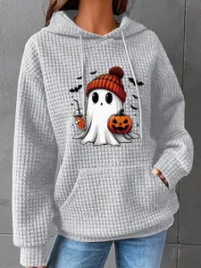 Women's Casual Long Sleeve Round Neck Sweatshirt, Pumpkin & Ghost Print, Polyester Knit Fabric, Regular Fit Fall Top, Halloween