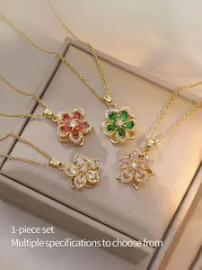 360 Degree Rotatable Flower Design Pendant Necklace for Women, Trendy Charms Necklace, Artificial Gemstone Decor Necklace for Party, Daily Decor, Trendy All-match & Exquisite Jewelry for Birthday Gift