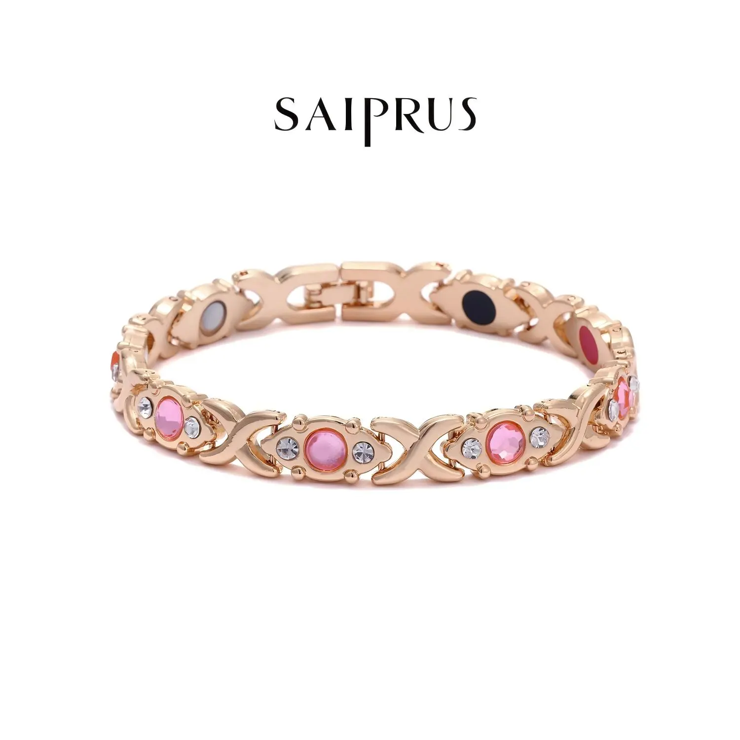 SAIPRUS Women's Rose Gold Plated Pure Copper 3500 Gauss Magnetic Crystal Beaded Bracelet - Fashionable Modern Costume Jewelry, Trending Pink Accessory, Gift Box Packaging, Excellent Gift Choice, 3500 Gauss Magnetic Strength, Adds A Chic Sparkle To Casual,