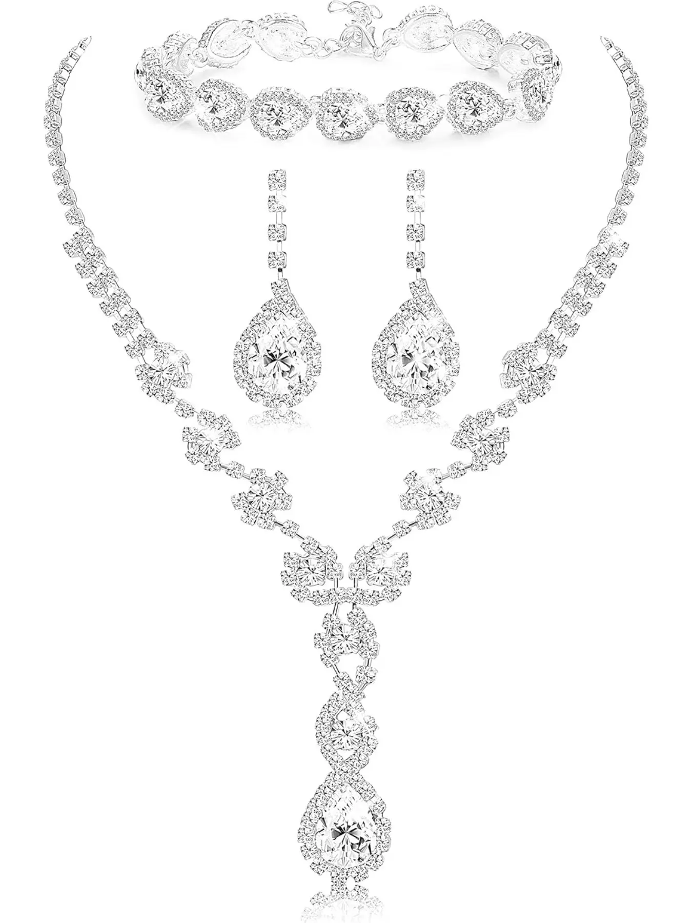 Bridal Rhinestone Teardrop Statement Necklace Bracelets and Dangle Earrings Jewerry Sets for Proms Weddings Jewelry Set Jewellery