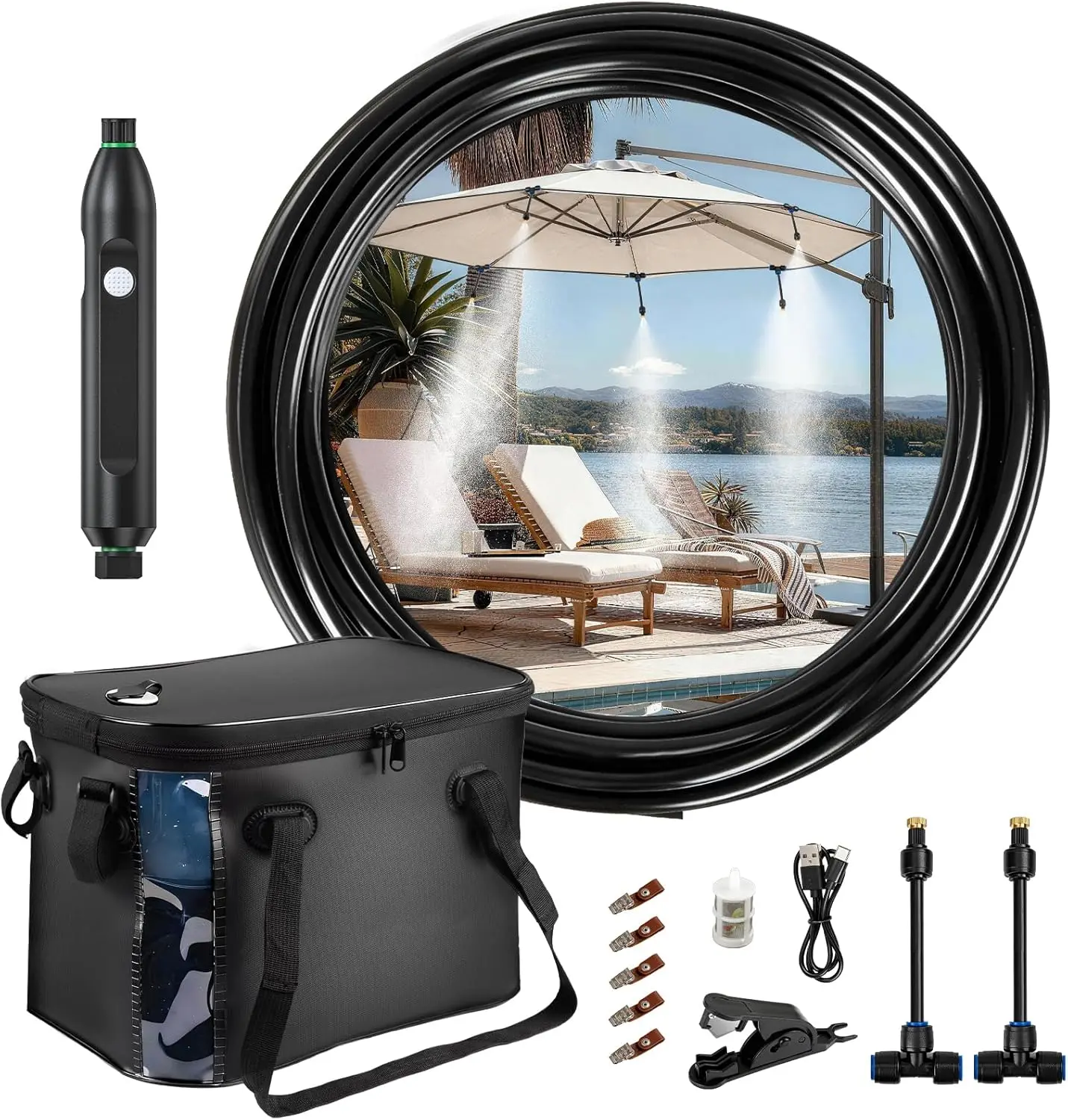 YoungSa 26 FT Portable Misters for Outside Patio - Outdoor Misters for Summer Cooling, Portable Misting System with 4500mAh Water Pump, 20L Bucket, 8 Nozzles, Water Misters for Patio/Umbrella/Camping/Canopy