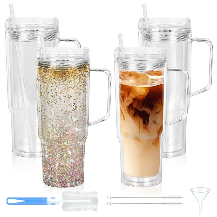 HILAKE 4-Pack Portable Transparent 40oz Plastic PS Tumbler-Shape Water Bottles, Double-Layer Anti-Spill Pre-Drilled Lids, Washable Travel Cups (1000-2000ml) for Hot/Iced Drinks, Ideal Holiday Gift (Hand Wash Only)