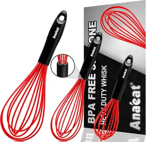 Anaeat Silicone Whisk, Thick Stainless Steel Wire Inner - Heat Resistant Kitchen Whisks for Non-Stick Cookware, Balloon Egg Beater for Whisking, Blending, Beating, Frothing & Stirring (Red)