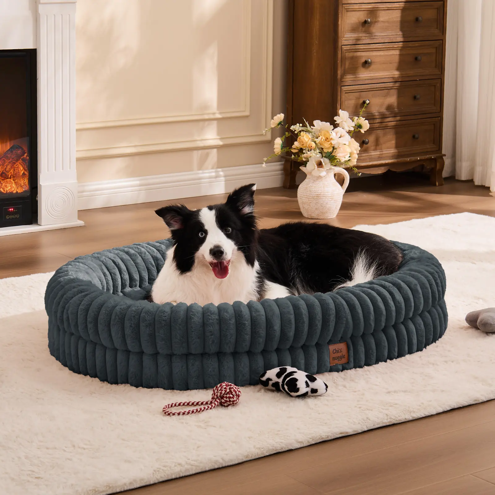 Orthopedic Dog Bed, Plush Faux Fur Bolster, Waterproof Egg Crate Foam Support, Washable Cover, Non-Slip Bottom