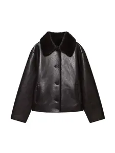 Women's Long Sleeve Reversible Faux Leather Jacket, Button Front Closure, Lapel Collar, Casual Outerwear, Fall & Winter Fashion