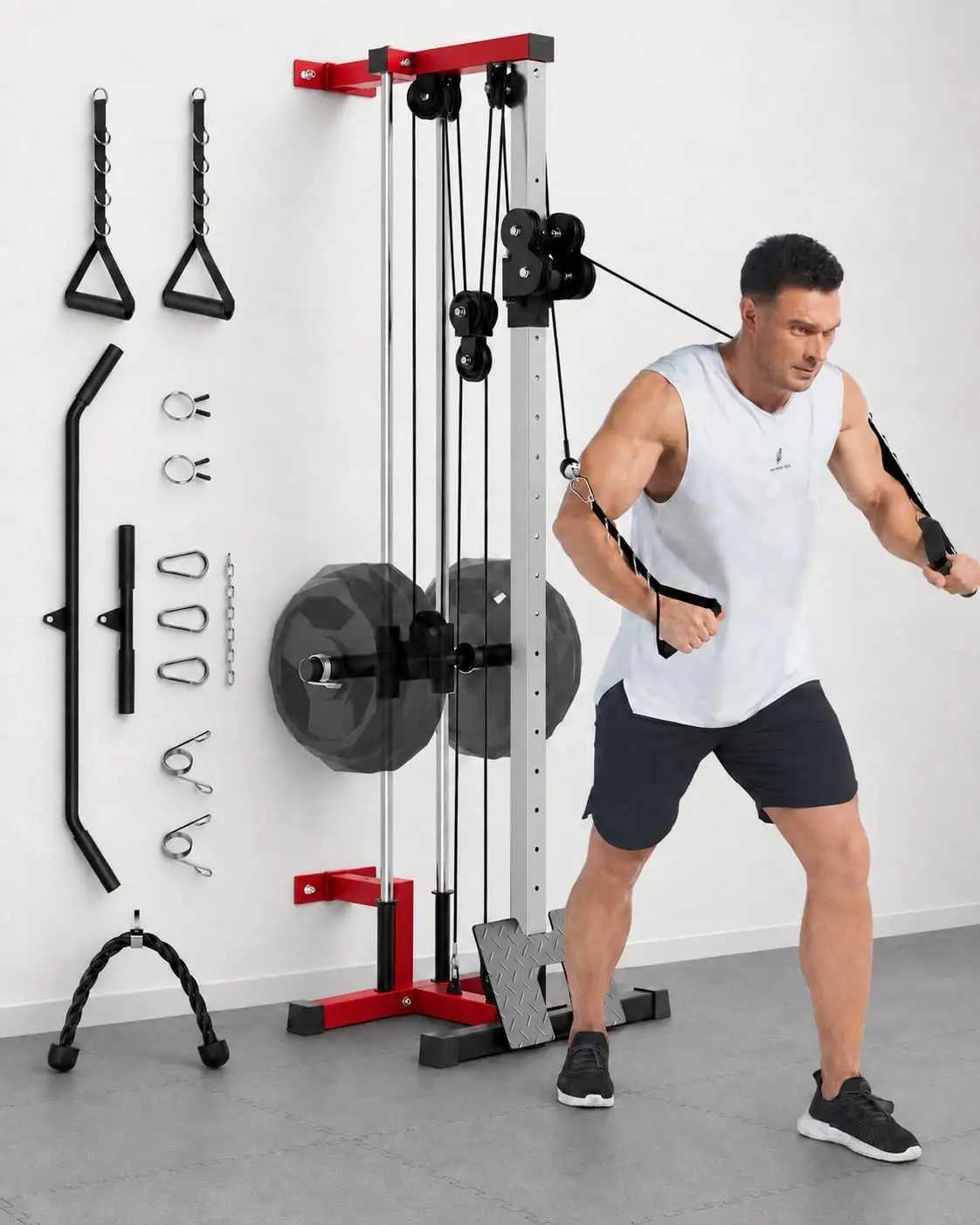 Garvee Wall Mount Cable Machine, Dual Pulley Cable Crossover System with 19 Adjustable Positions & 400LBS Capacity - All-in-1 Home Gym Equipment with Accessories for Strength Training