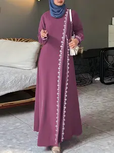 Women's Fashion Long Sleeve Round Neck Solid Color Casual Dress, Elegant Lace Trim Robe Style, Perfect for Daily Wear & Special Occasions, Abaya, Round Neck Abayas, Modesty Muslim Clothing