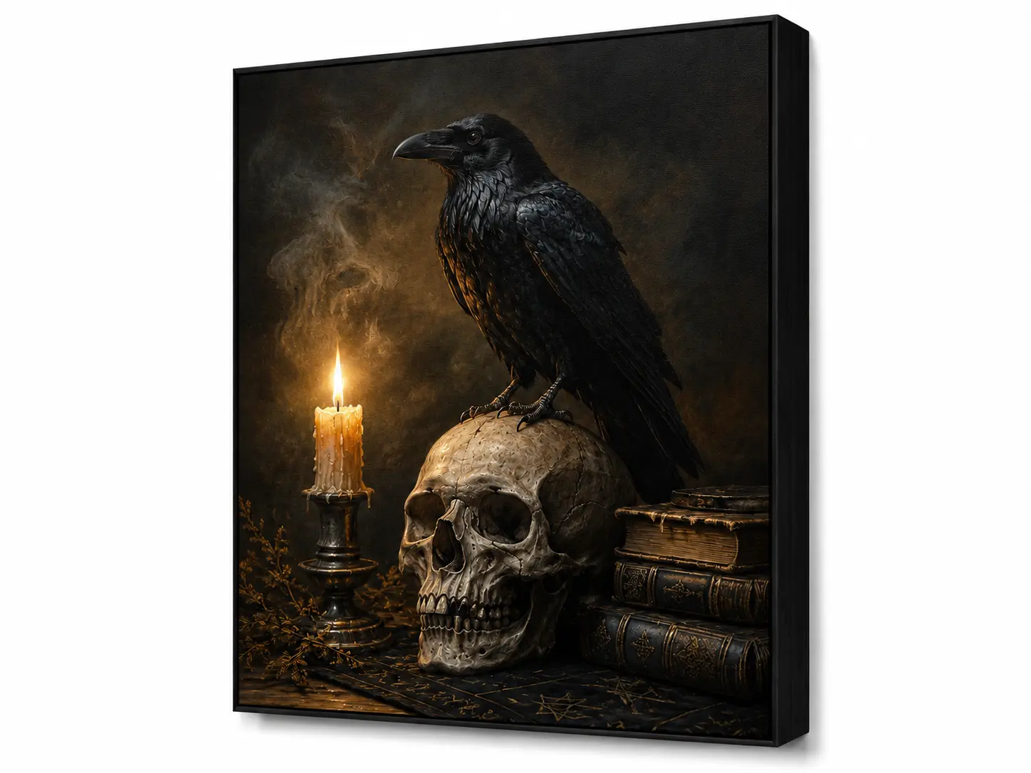 Gothic Halloween Framed Canvas Wall Art, Witchcore Dark Academia Decor, Raven Skull Haunted House Moon Witch Print, Spooky Wall Decor for Bedroom Living Room