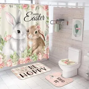4/8PCS Easter Bunny Bathroom Makeover Set Easter Bathroom Decor Spring Bunny Egg Flower 70x70inch Shower Curtain with Hooks & Waterproof Non Slip Bath Mats & Toilet Lid Cover for Home Dormitory Hotel Bathroom Decorative Supplies
