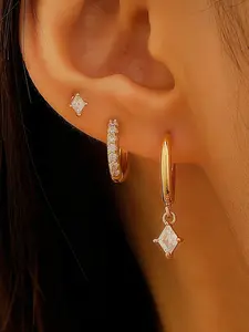 Square Cz Earring Set, Minimal Hoop Huggie & Stud Stacking Earrings, Boho Style, Stainless Steel, All Seasons Jewelry for Women