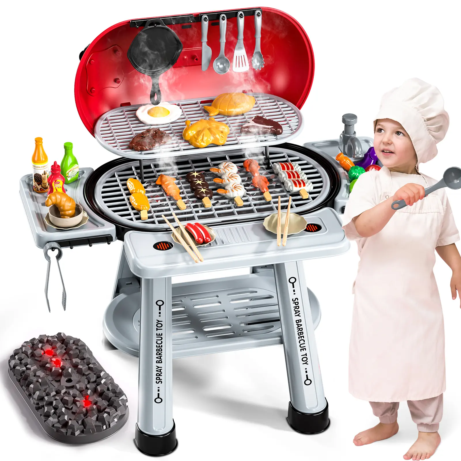 Unisex 3-4 Age Toddler STEM Barbecue Cooking Playset - Safe Plastic Kid Grills, Outdoor Portable, Smoke Lights, Realistic Cooking Sounds, Simulated Food Accessories, Holiday Christmas Developmental Gifts, Stem (Science