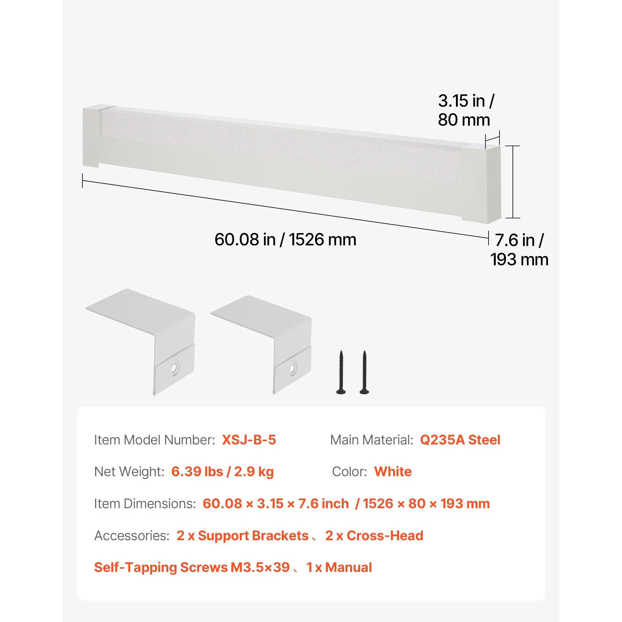 VEVOR Baseboard Heater Covers, Basic Series 5 ft Standard Electric Heating Unit Front Cover for Home Improvement, Heavy-duty Steel, Easy Installation for Bedroom Replacing Old Cover, White