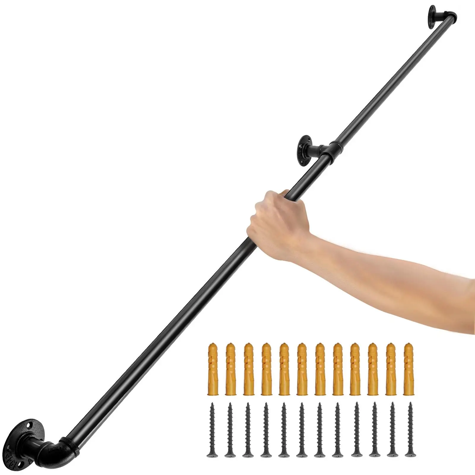 【Summerfinds】VEVOR Pipe Stair Handrail, 5FT Staircase Handrail, 440LBS Load Capacity Carbon Steel Pipe Handrail, Industrial Pipe Handrail with Wall Mount Support, Round Corner Wall Handrailings for Indoor, Outdoor