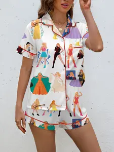 Taylor's tour outfit: printed short-sleeved and shorts pajamas for women, collared cardigan, faux silk loungewear set, Pjs, Nightwear, Womenswear