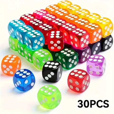 Random Color 6-sided Game Dice Set, 30pcs/set Semi Transparent Color Round Edged Durable Acrylic Loose Dice, Bulk Dice, Suitable for Playing Games, Gatherings, Polyhedral Dice Set
