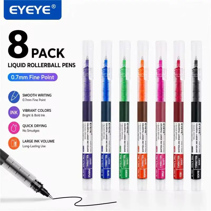 EYEYE T1155C Multicolor Rollerball Pens Assortment Kit - 8 Assorted Colors, 0.5-1.0mm Tip, Quick-Dry Liquid Filled Ink, Smooth-Writing Doodle Pen, Black-Blue-Red Mix, Bold Point, Office Stationery, Bullet Journaling Supplies, Assortment Kit Pens & Refills