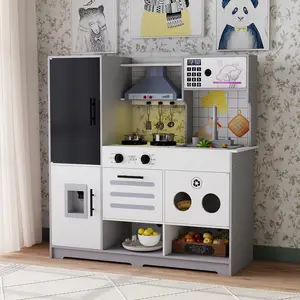 Kids Play Kitchen Set Pretend Wooden Toy with Running Water Oven Ice Maker Blackboard & Recycling Bin for Toddlers Ages 3+