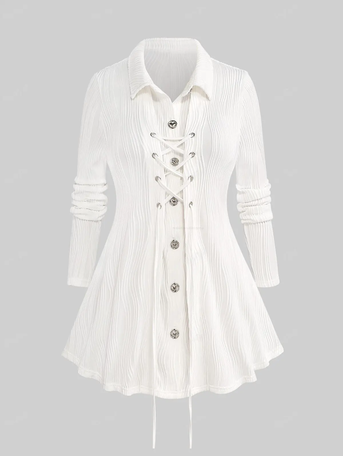 Rgothic Women's Plus Size Gothic Polyester Blouse - Casual Collared Longsleeves Shirt with Lapel, Lace-Up, Ruched, Button-Front Fit Top, Shirts