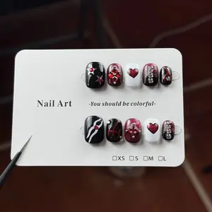10pcs high-end Black and red color contrast design, hand-painted three-dimensional ribbons, hearts, and sparkling dot diamonds handmade Glossy False Nails Glossy Fake Nails