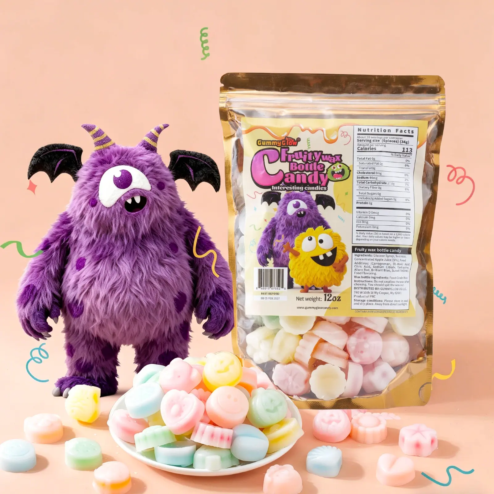 New Pack!! GummyGlow Wax Candy 12oz,  5 Assorted Flavors (55-65 Pieces),Old-Fashion Mini Drinks Candy, 12 oz Bag, Jelly Variety Fruit Flavor Candy - Viral Wax Candy in various styles for ASMR Chewing, Sweet Bonbon Gift#DealsForYouDays
