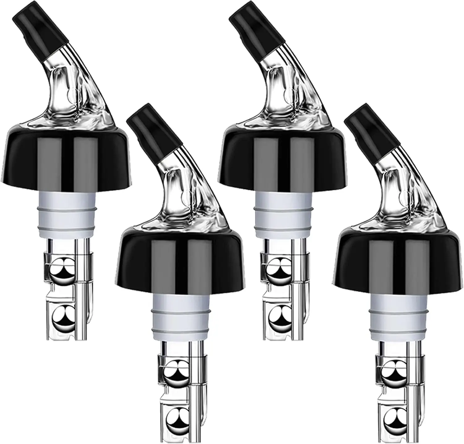 4-Pack Reusable Shaped Liquor Bottle Pourer Spouts with Collar & Dust Cap - Bartender Essential Bar Utensils Set with 1.25oz/37.5ml Jigger, Food-Grade Polycarbonate Body, Stainless Steel Bearings, Spill-Proof for Pubs, Restaurants