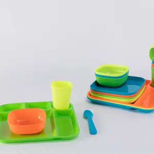 24 Piece Dinnerware Set for Kids with 4 each Trays, Bowls, Plates, Cups, Forks, Spoons in Bright Blue, Green, Orange, Yellow