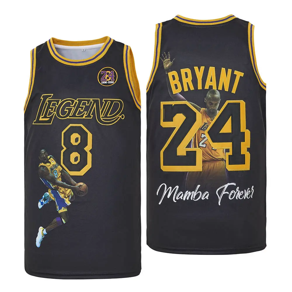 Men's 8-24 Short Sleeve Basketball Jersey - Bryant Embroidery Legend Design, Durable Fabric Embroidery Sportswear, Versatile Hiphop Fashion Jerseys with Mamba Forever Black Gold Trim, Blue, Short Sleeve Jersey, Legend Theme