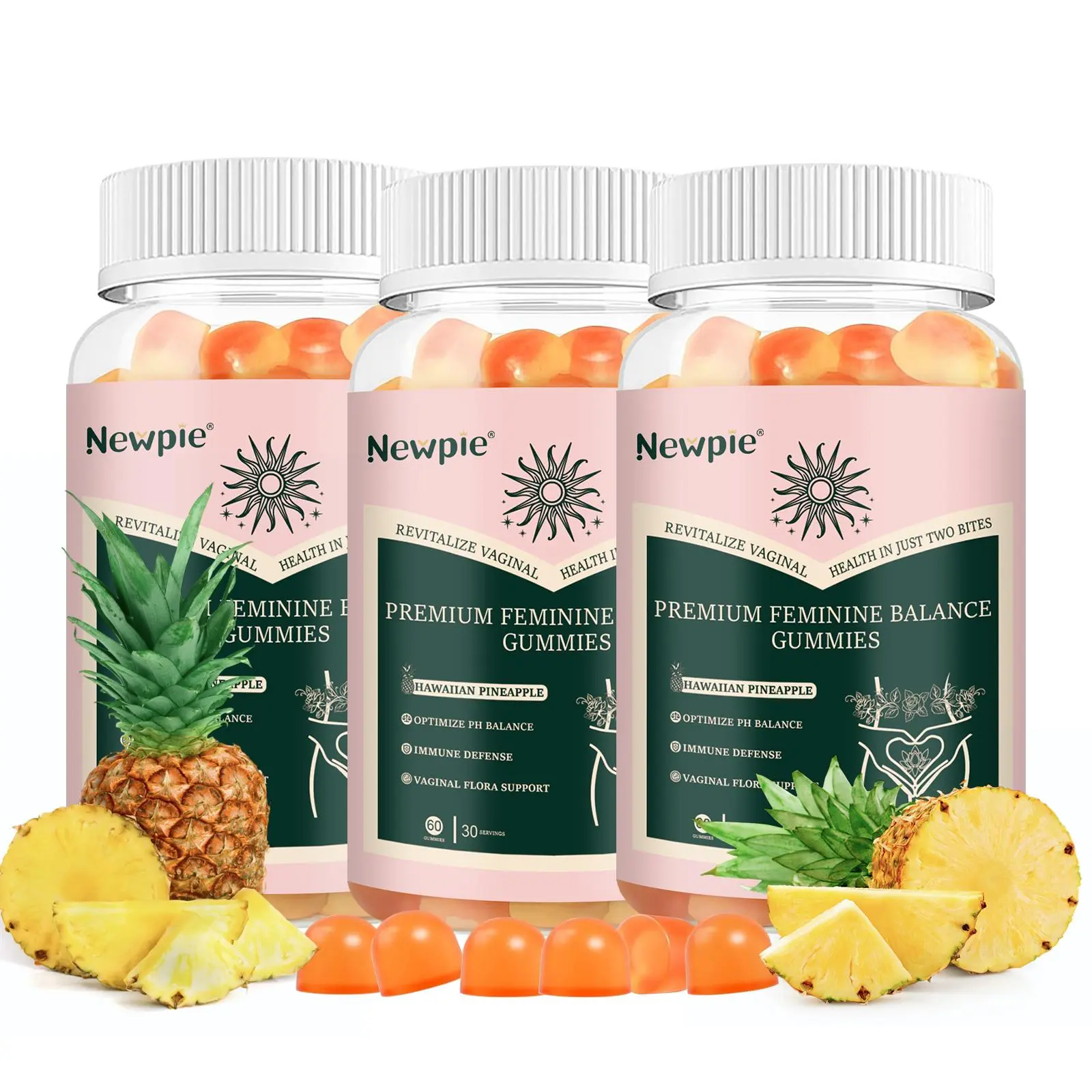 Newpie Women's Probiotic Edible Jelly Dietary Supplement Gummies - Hawaiian Pineapple Flavor, 60 Pieces, 180g, Pineapple Powder, Bitter Melon, Blended Vitamins & Minerals, Supports Flora, Newly Improved Packaging for Adults, Chewable