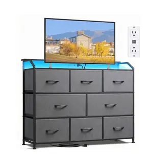 8-Drawer Fabric Dresser with Power Outlets & LED Light, Multifunctional TV Stand Storage Cabinet for Bedroom, Living Room, Office & Hallway, Gray
